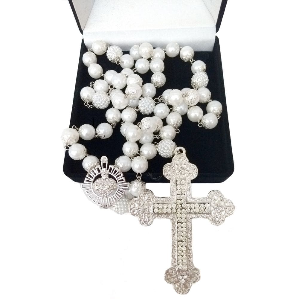 Terço De Noiva Banho Prata Perolas Brancas Cruz Dupla Face