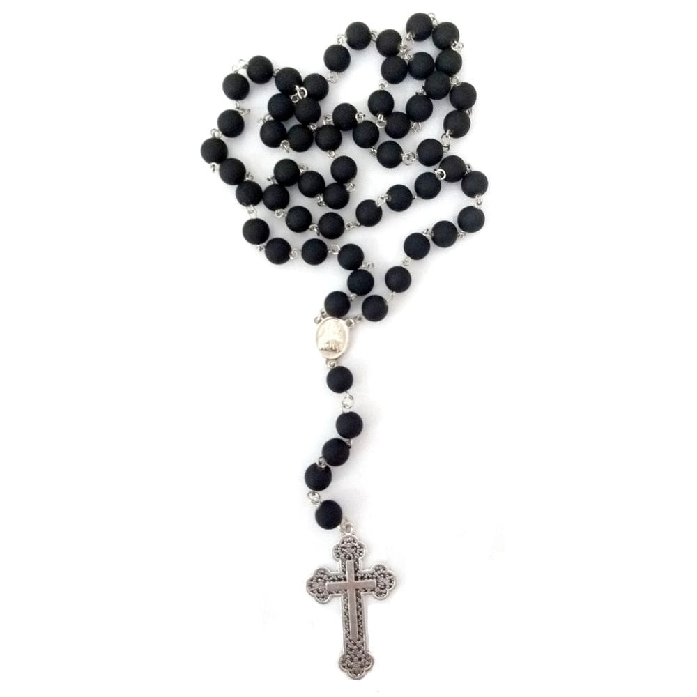 Terço Dos Homens Preto Com Cruz Prata Envelhecida