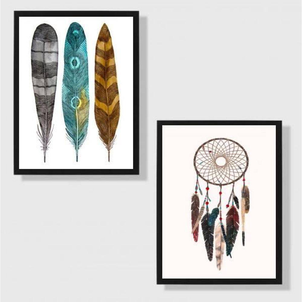 Kit 2 Quadros Penas E Filtro Dos Sonhos 45X34 Moldura Preta