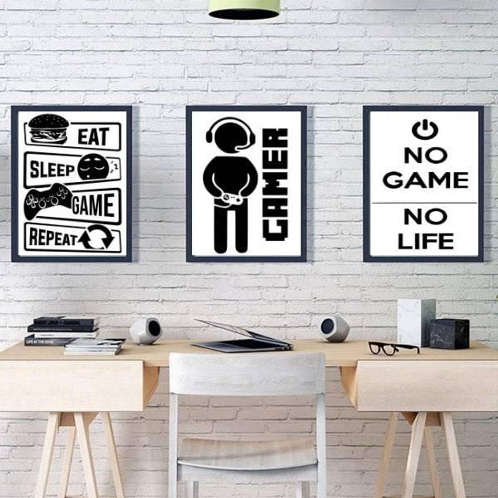 Kit 3 Quadros Decorativos Gamer 45X34 C/Vidro Madeira Preta