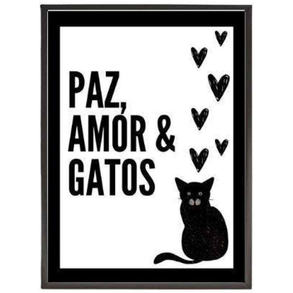 Quadro Decorativo Paz Amor E Gatos 45X34 Com Vidro - Preta