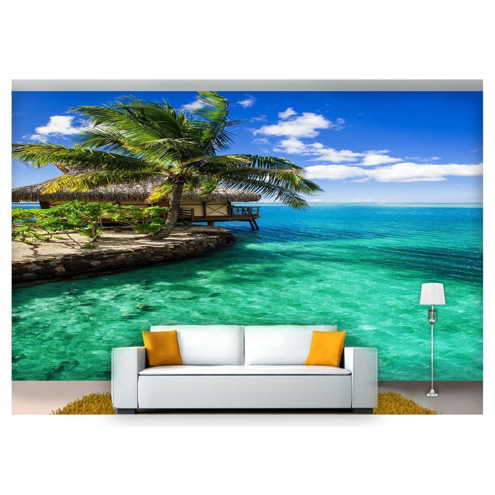 Papel De Parede Praia Mar Cabana Céu Azul 3D Npr199