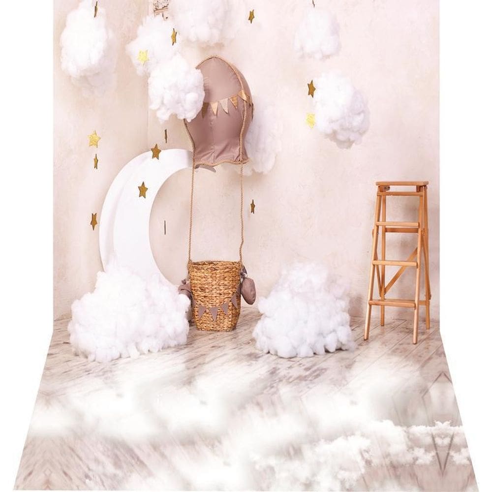 Fundo Fotográfico Newborn Em Tecido Balão Nuvens 1,50X2,50