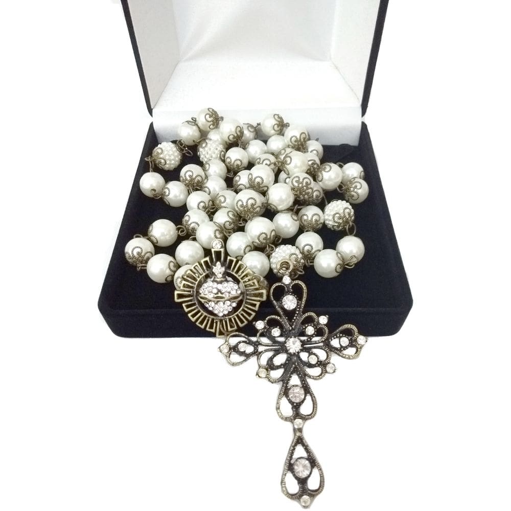 Terço De Noiva Ouro Velho Sagrado Coração Pérolas Creme