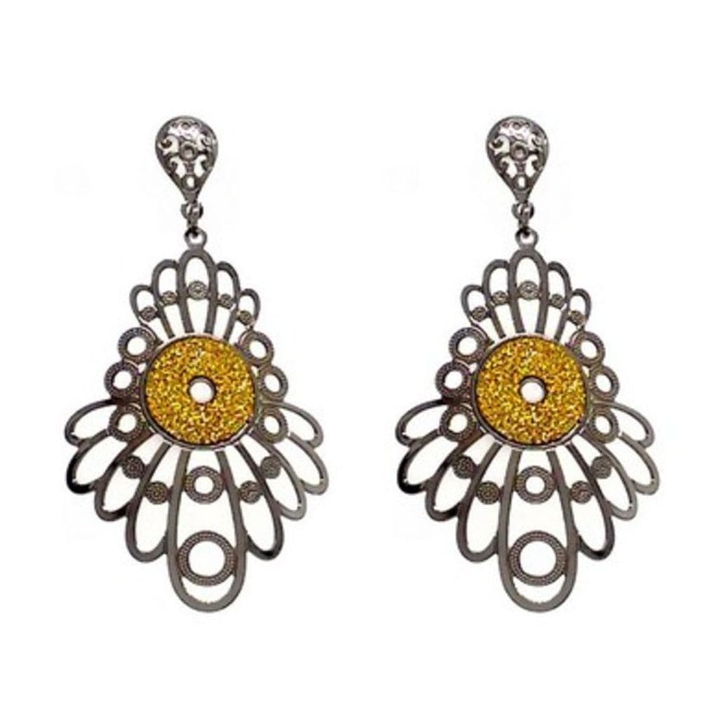 Brinco Glamour Flores Folheado a Ródio Negro