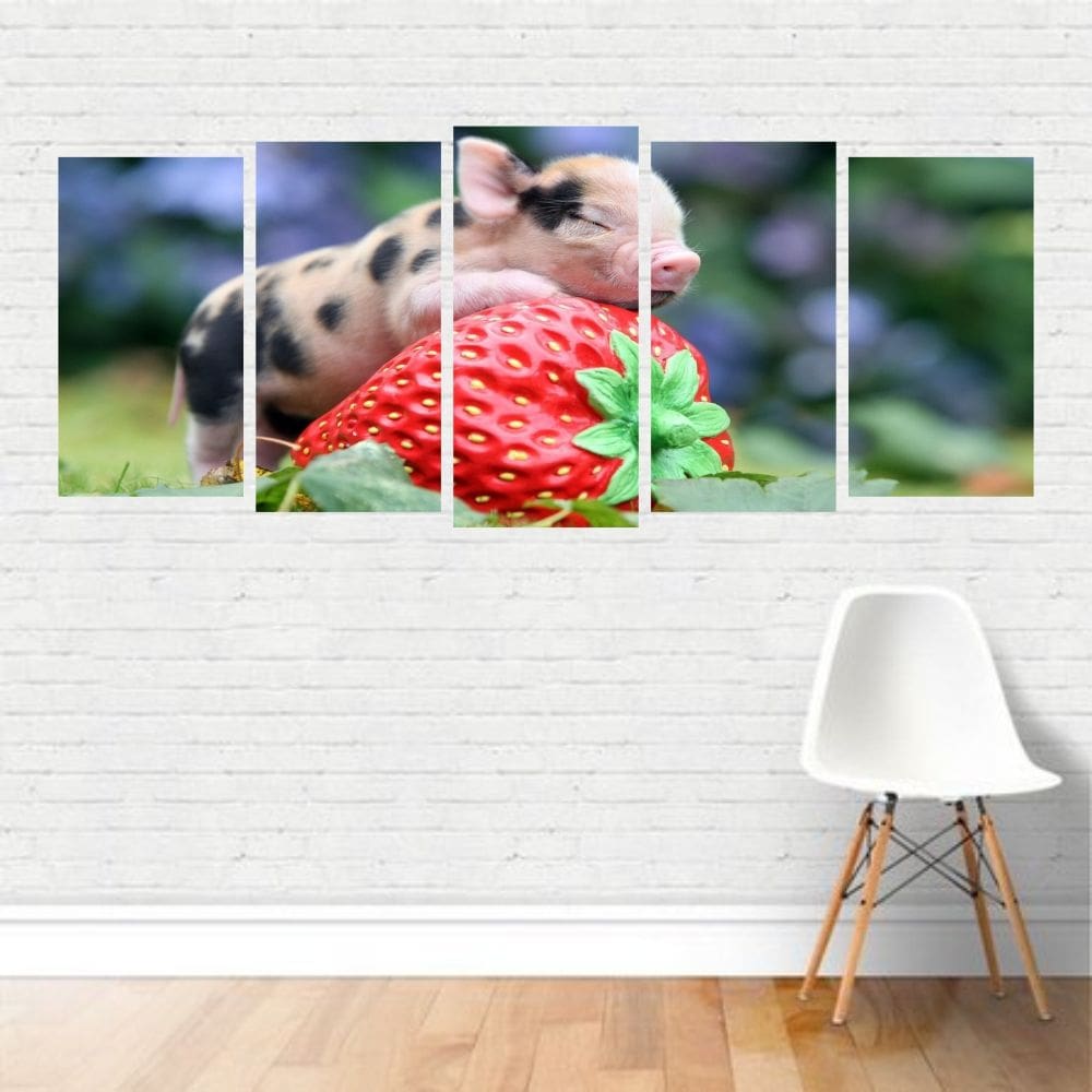 Quadro Animais Porco Filhote Pig Morango Fruta Folhas Canvas