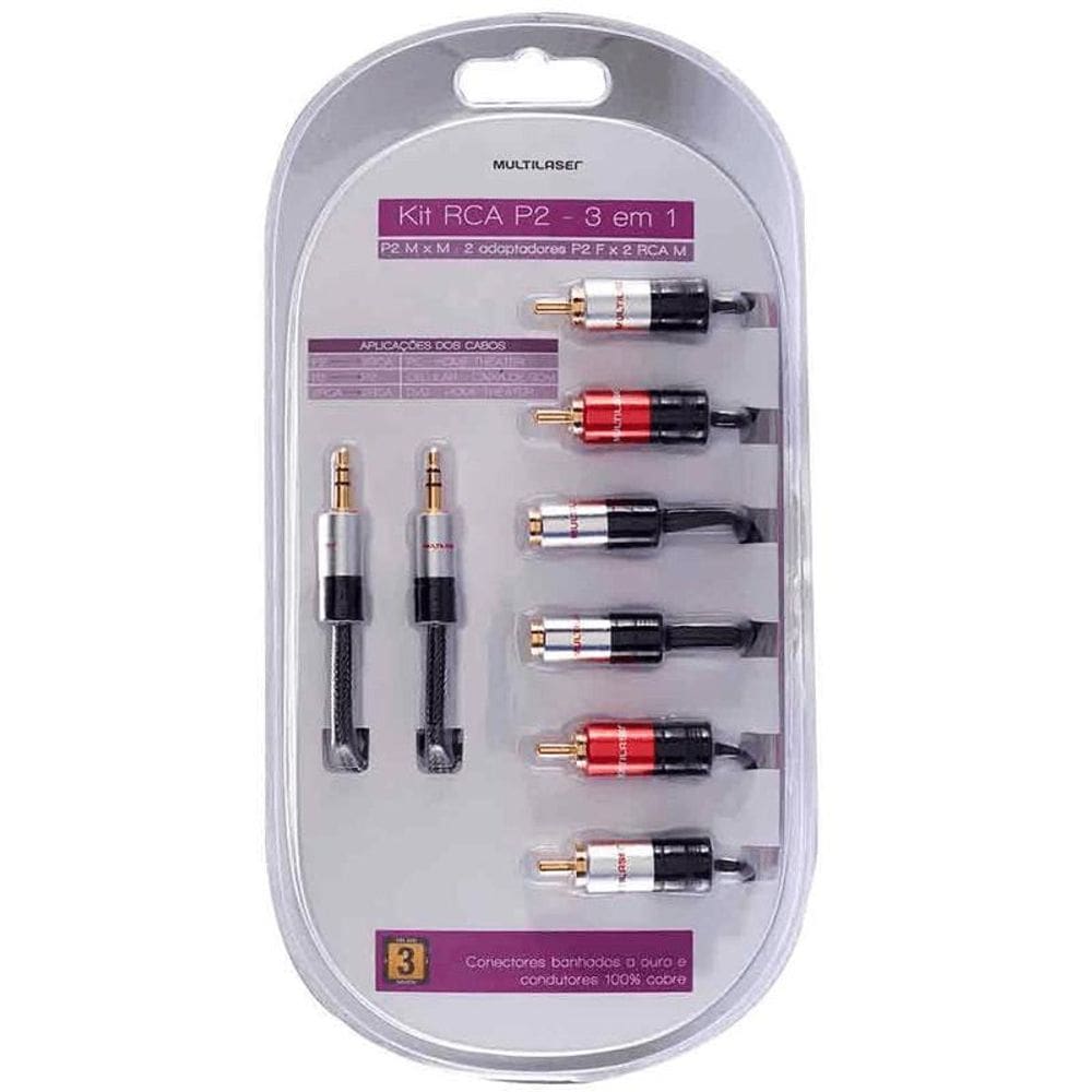 Kit cabos de áudio RCA P2 c/ 3 em 1 Multilaser WI286
