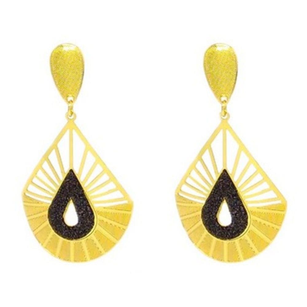Brinco Glamour Gota Folheado Ouro com Brilho na Cor Preta