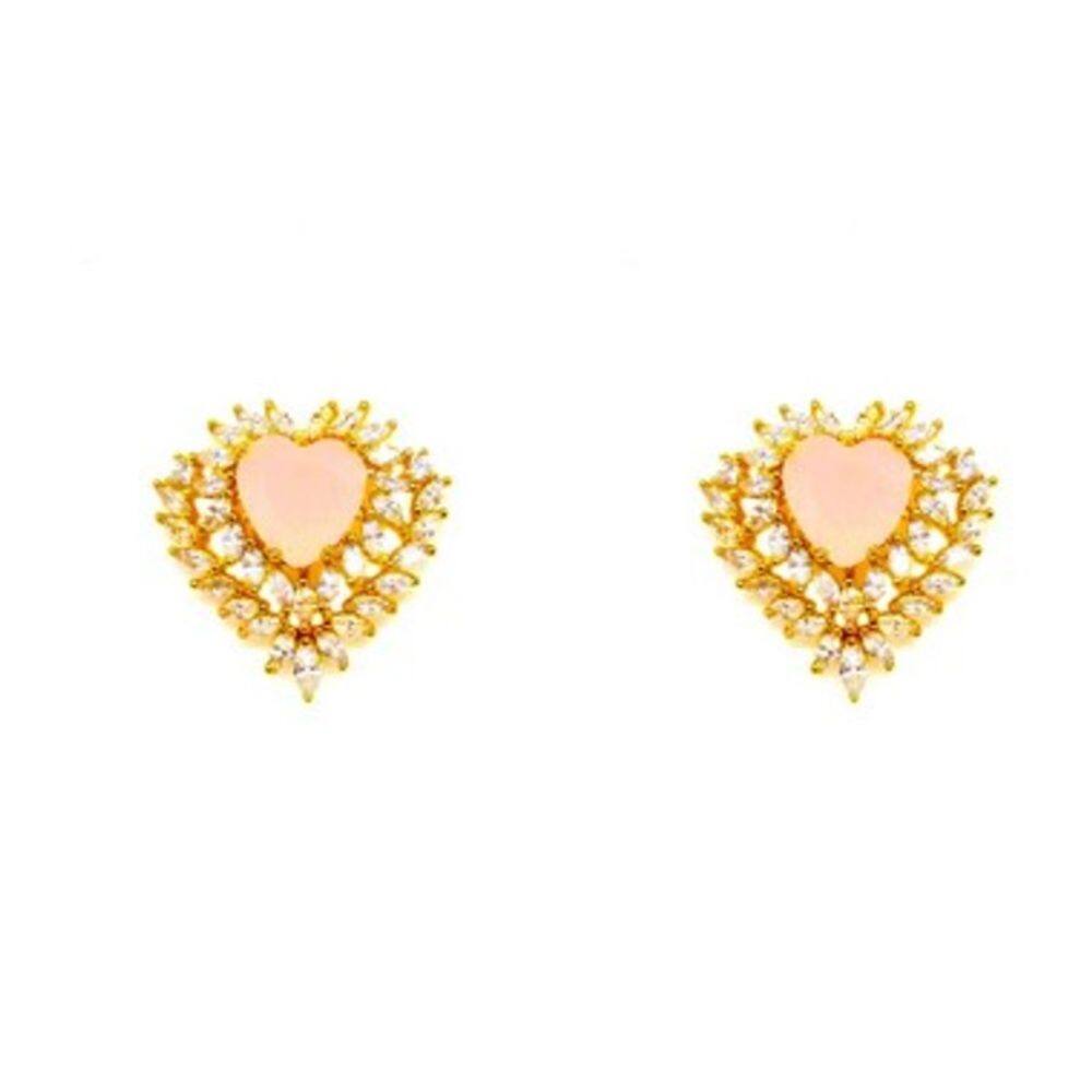 Brinco Coração Folheado a Ouro 18k com Zirconia Rosa Leitosa