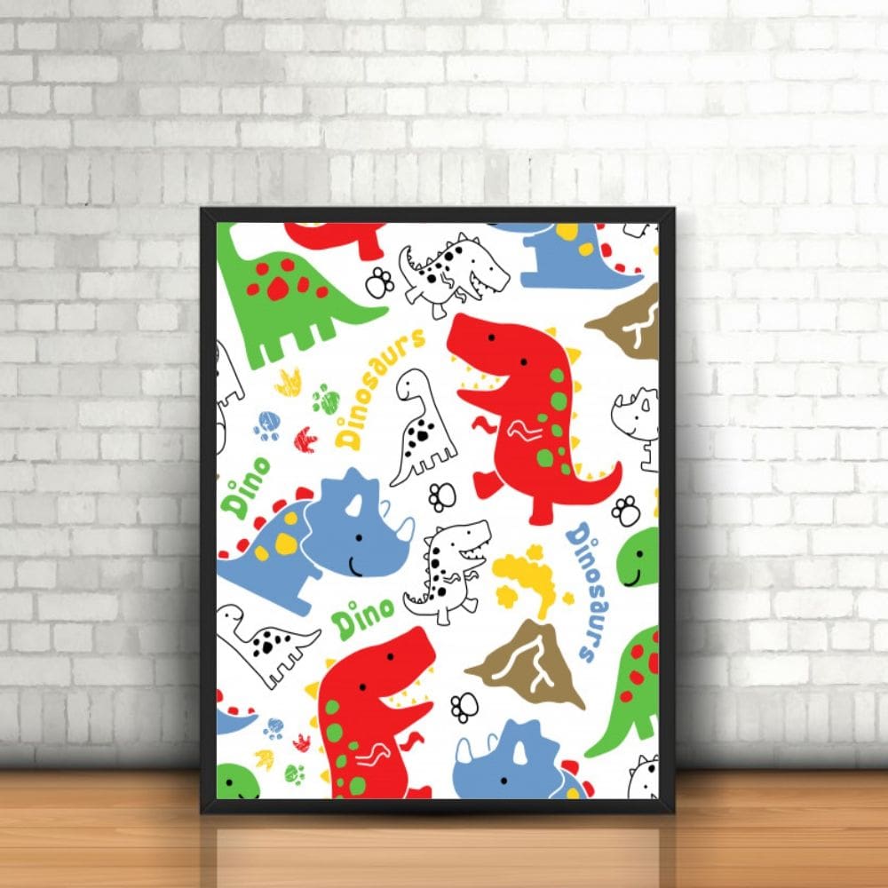 Quadro Moldura Dinossauros Coloridos Desenhos Pegadas Vulcão