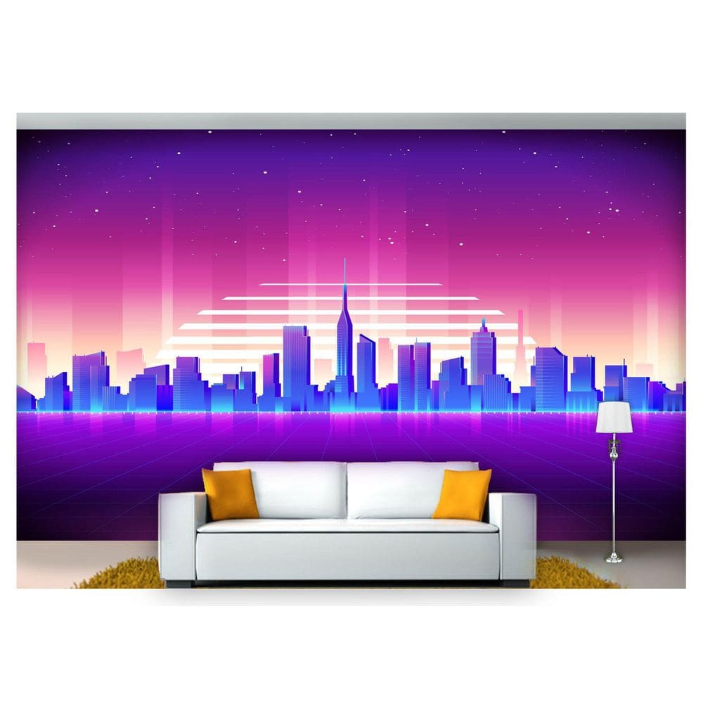 Papel De Parede Cidade Prédios Retrô Wave 3D Ncd204