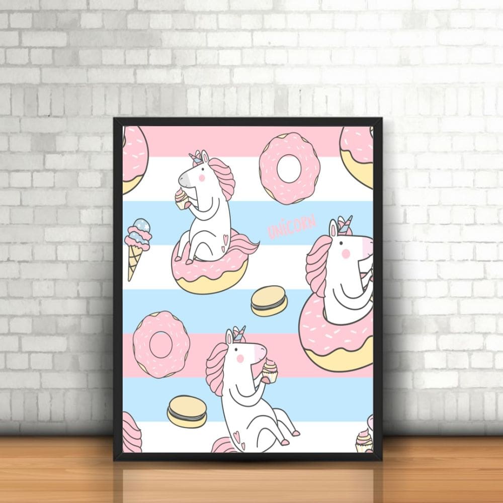 Quadro com Moldura Unicórnio Donuts Rosa Rosquinhas Cupcakes