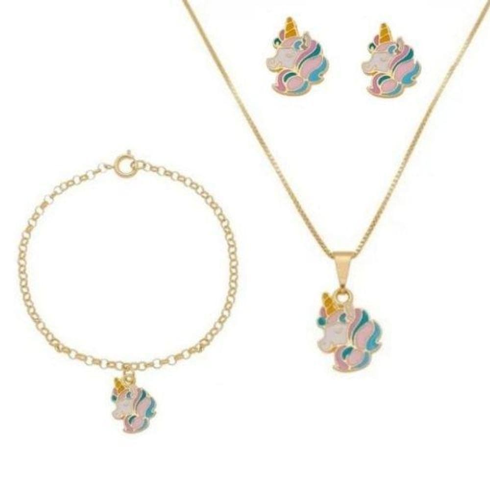 Combo Infantil Brinco/Corrente E Pulseira Unicórnio Banhado