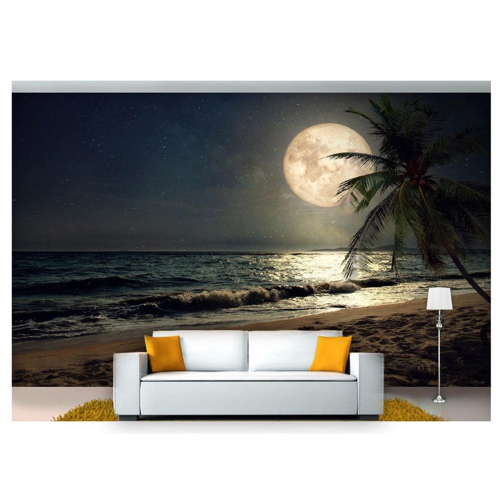 Papel De Parede Lua Noite Praia Coqueiro 3D  Nsk76