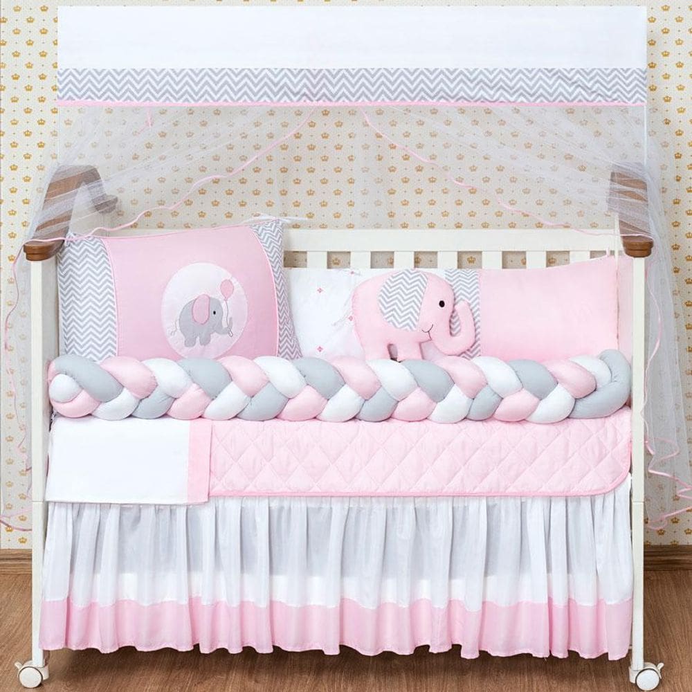 Jogo de Berço Menina 14 Peças Elefante Trança Com Saia Rosa