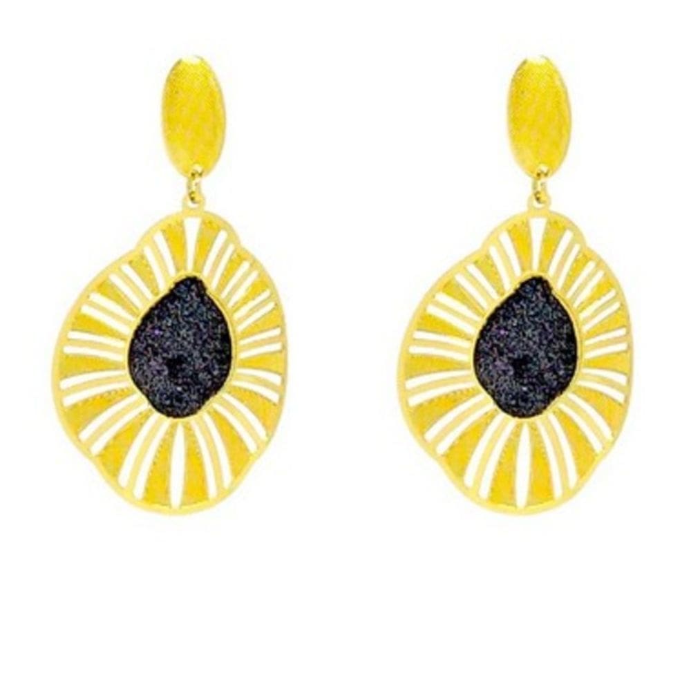 Brinco Glamour Oval Folheado a Ouro com Brilho na Cor Preta