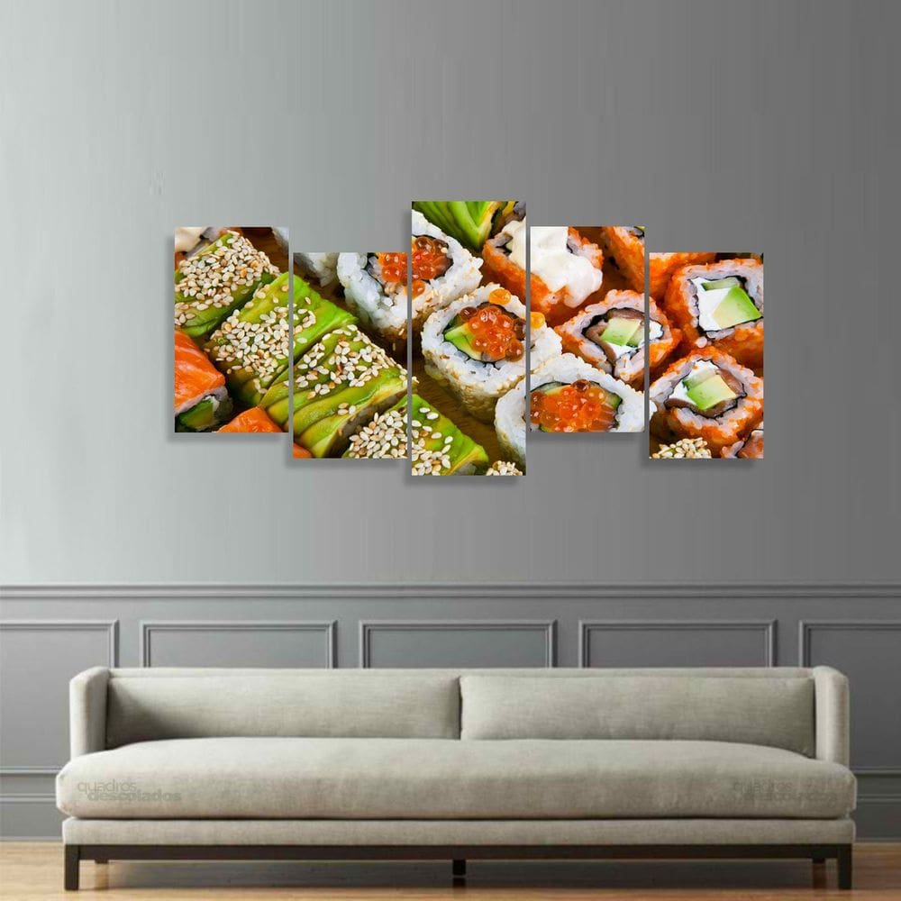 Quadro Mosaico 5 Peças Sushi Comida Japonesa 125x60