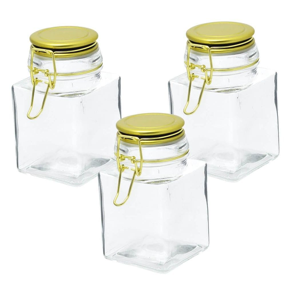 Kit 3 Potes Vidro Hermético Quadrado Com Tampa Dourado 350Ml