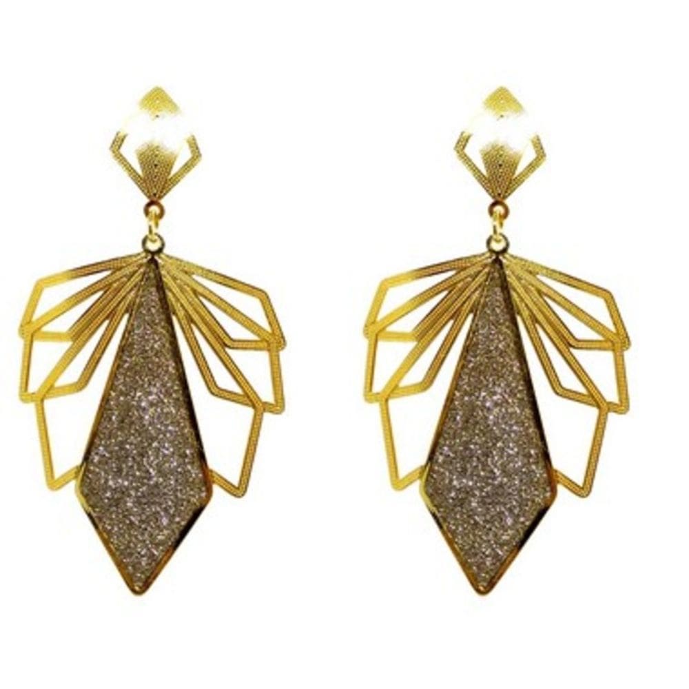 Brinco Glamour Folha Folheado a Ouro 18k com Detalhes Prata