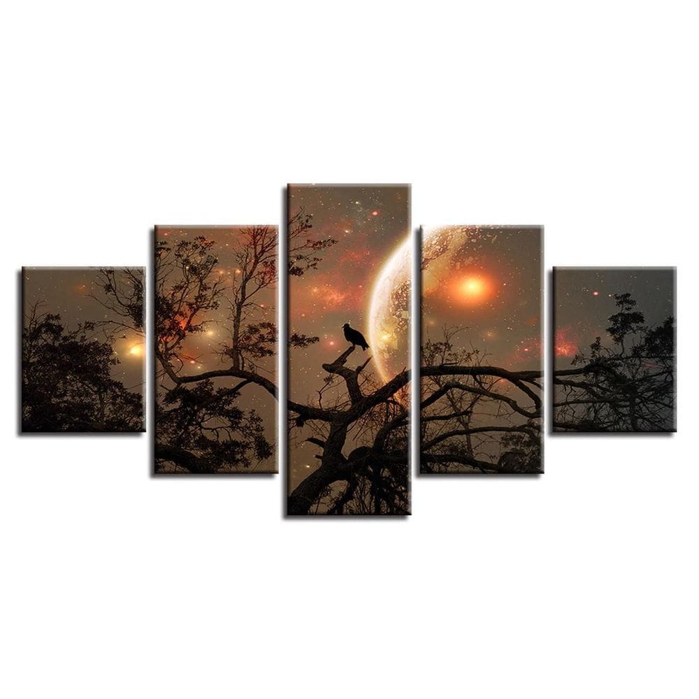 Quadros Decorativos 5 Peças Paisagem Anoitecer Lua Passaros