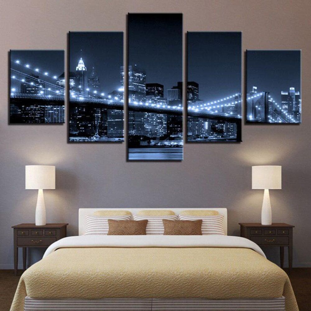 Quadro Decorativo Cidades Noturnas 5 Peças 115x60cm