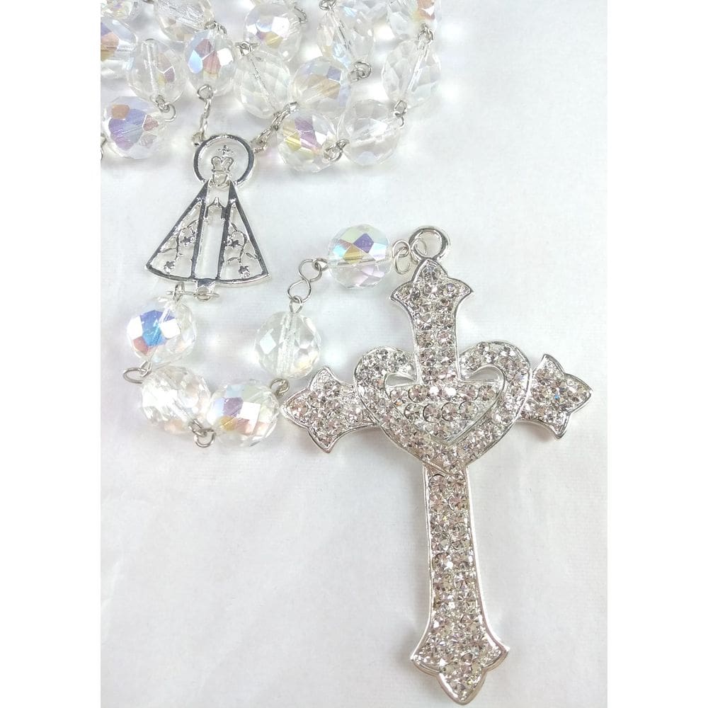 Terço Noiva Cristal Boreal 12mm Banho Prata