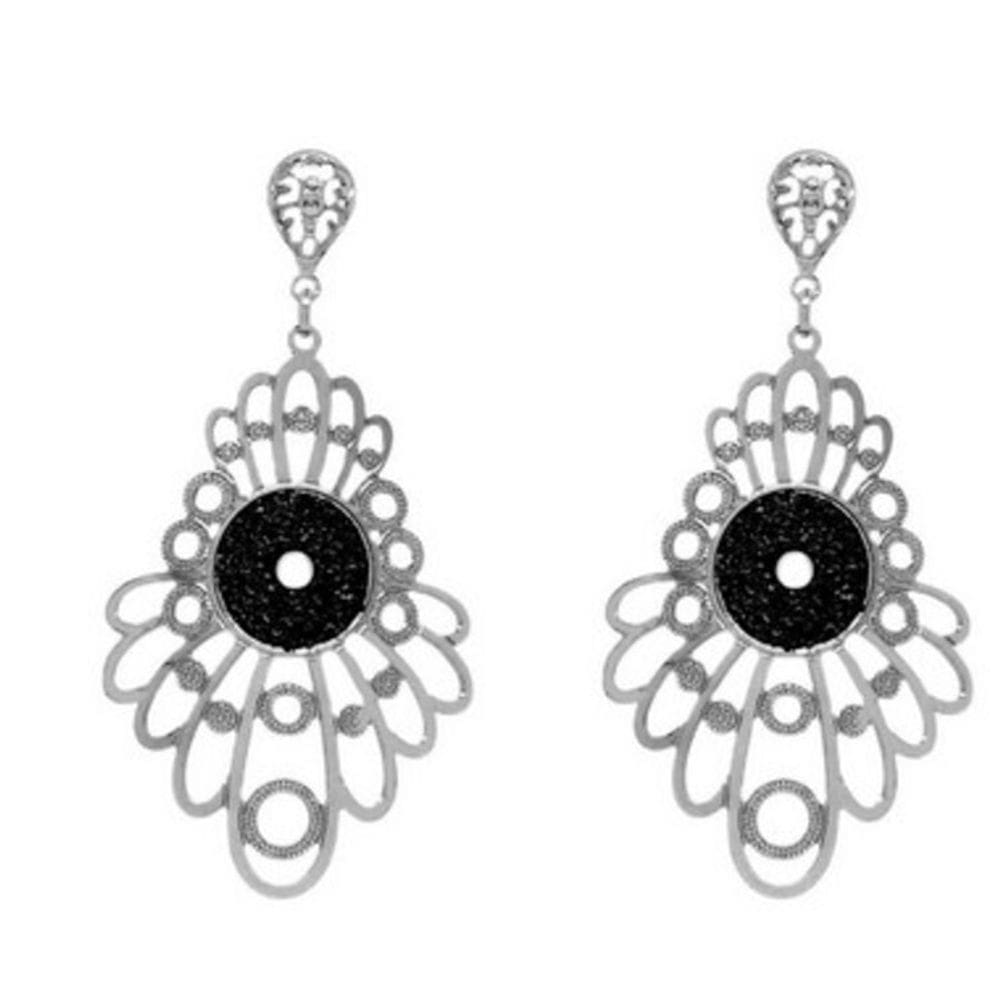 Brinco Glamour Flores Folheado a Prata com Detalhes Negro