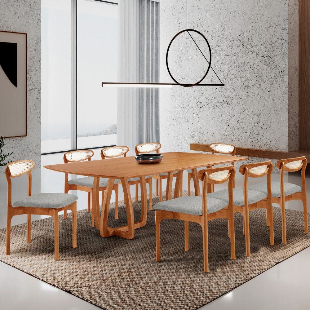 Sala de Jantar Mesa Flora 240cm Tampo Laminado Barril e 8 Cadeiras Noronha Premium Moderna Mobilia