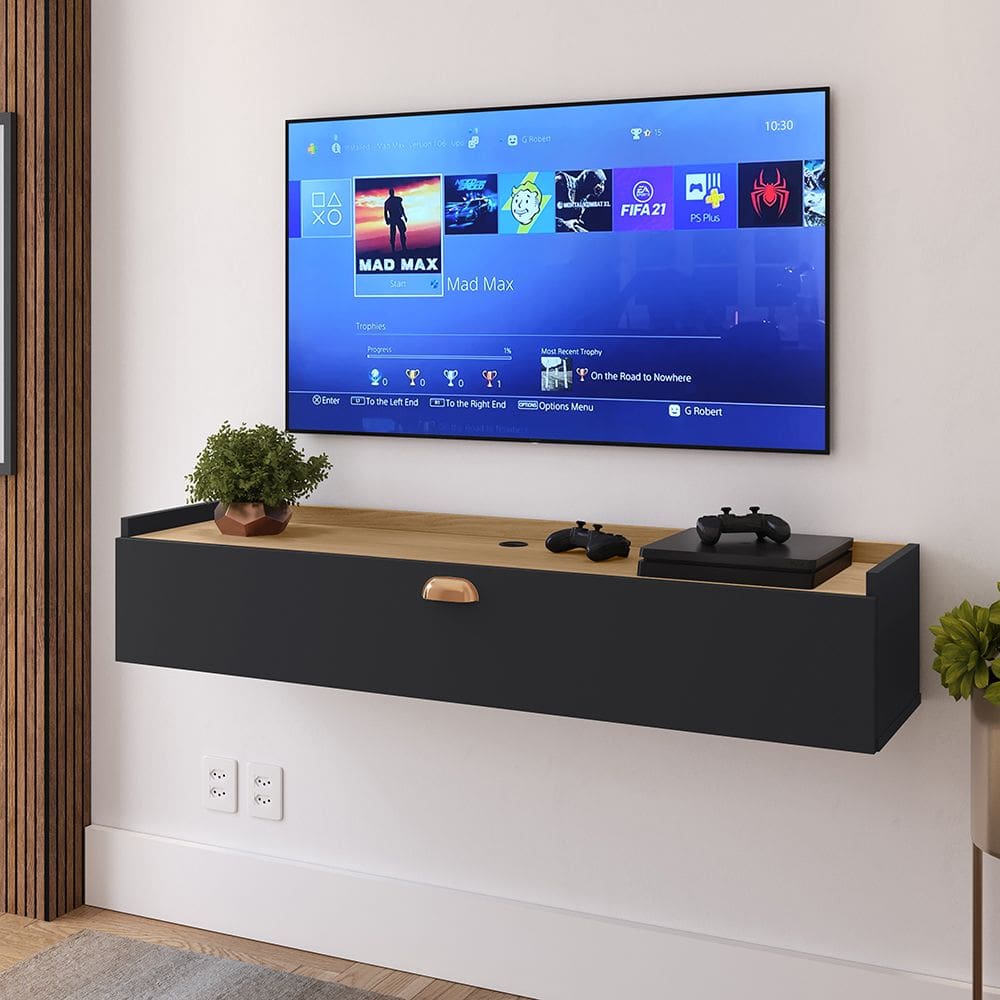 Rack Suspenso Home Classic New Tv 32 Polegadas 1 Porta Puxador Concha Quarto Sala Recepção Preto/Hanover - Lojas RPM