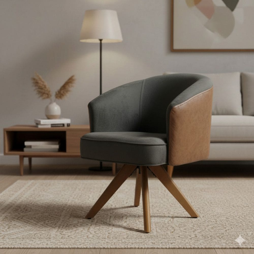 Poltrona Decorativa Giratoria Courino Base Madeira Conforto