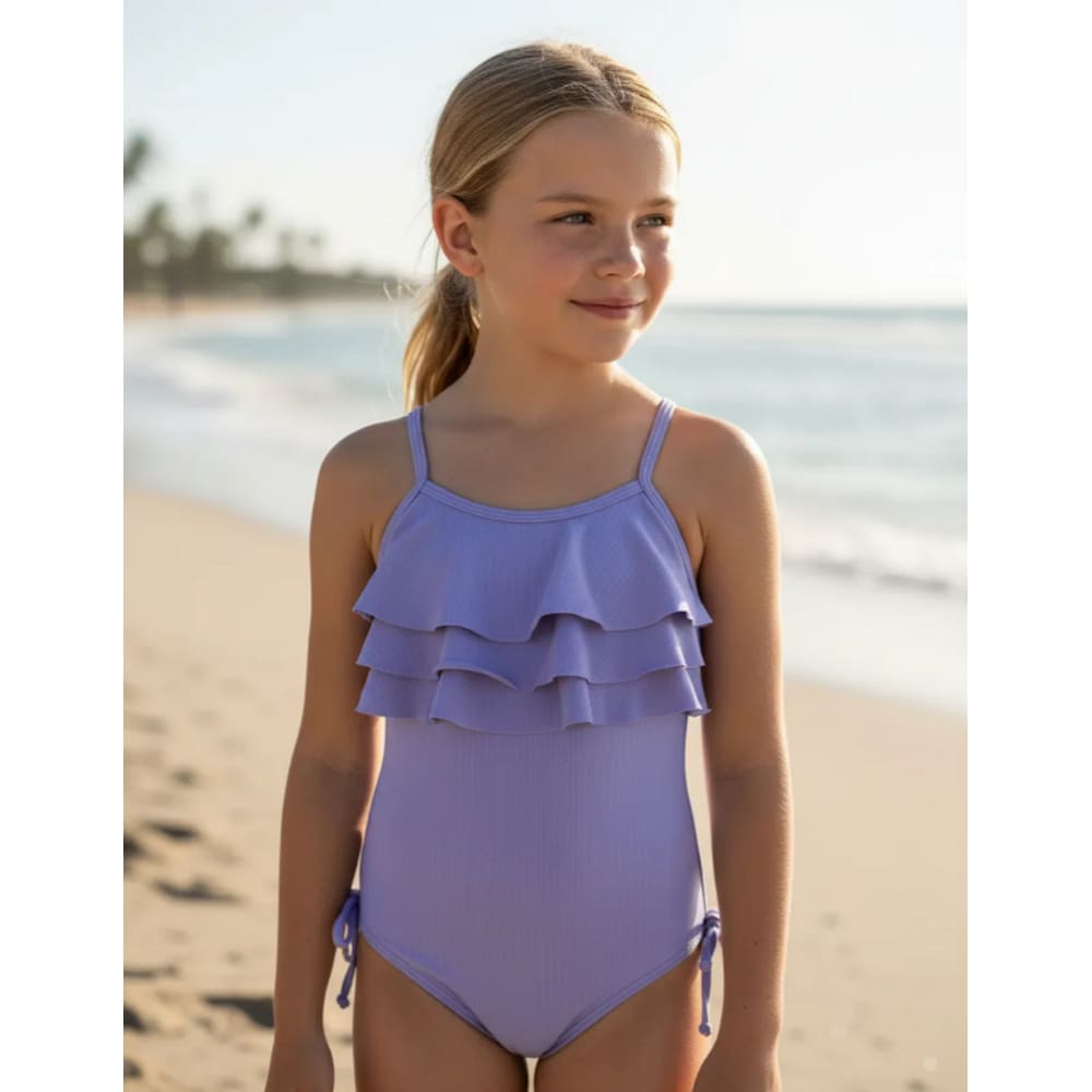 Maio Infantil Feminino Alça Proteção Solar Roxo Babado