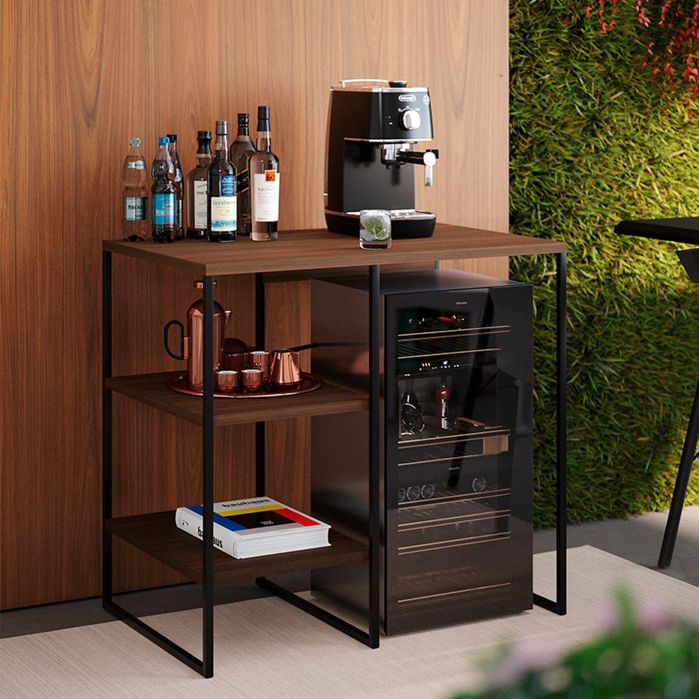 Aparador Adega Bourbon 95cm Industrial para Sala com 2 Prateleiras e Bar Home Deco - Preto/carvalho