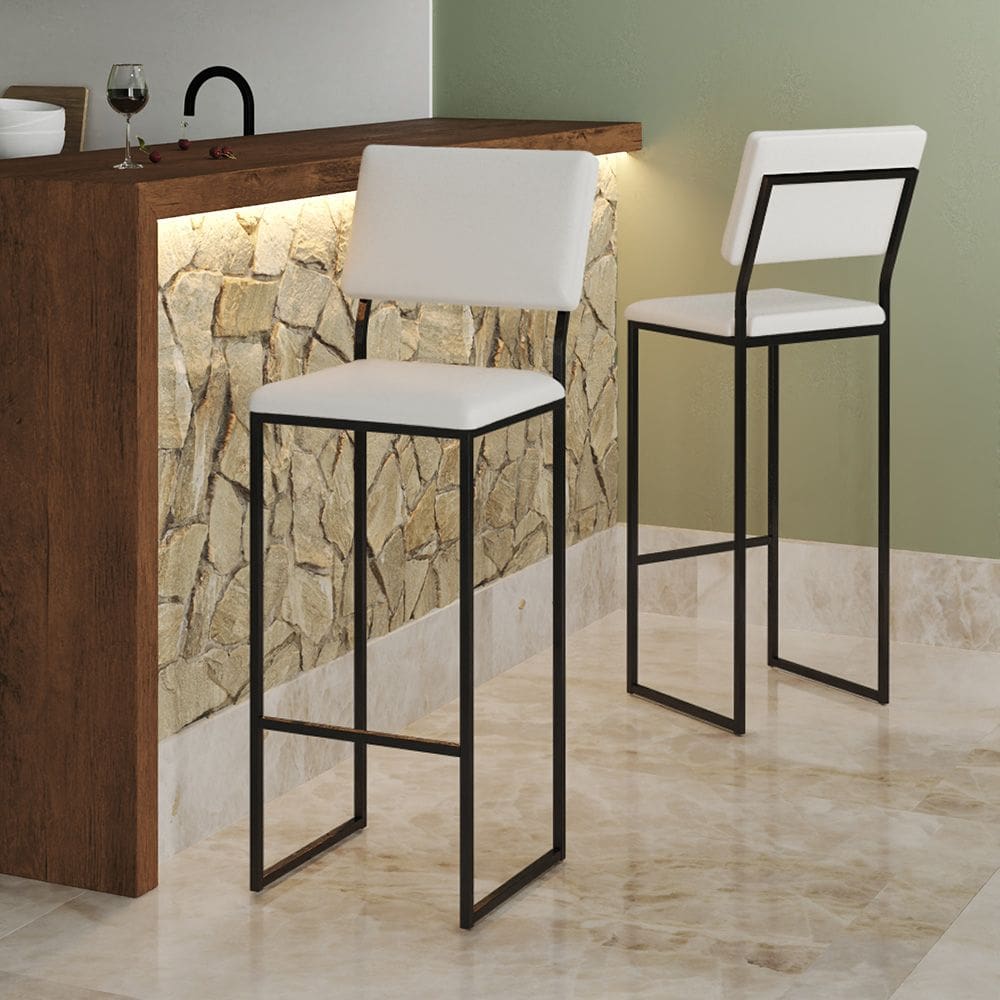 Banqueta Alta com Encosto Nina Industrial para Bar Cozinha Bancada Assento Corino - Preto/branco