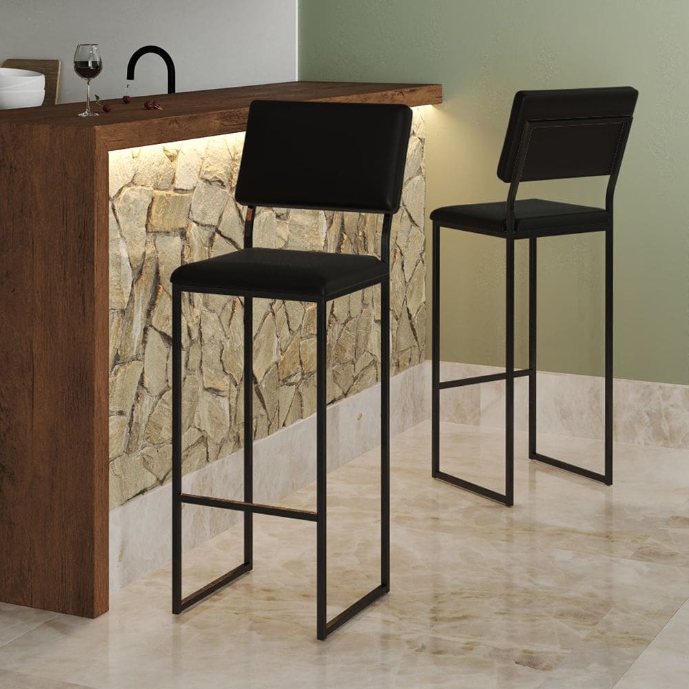 Banqueta Alta com Encosto Nina Industrial para Cozinha Bar Bancada Assento Corino - Preto/preto