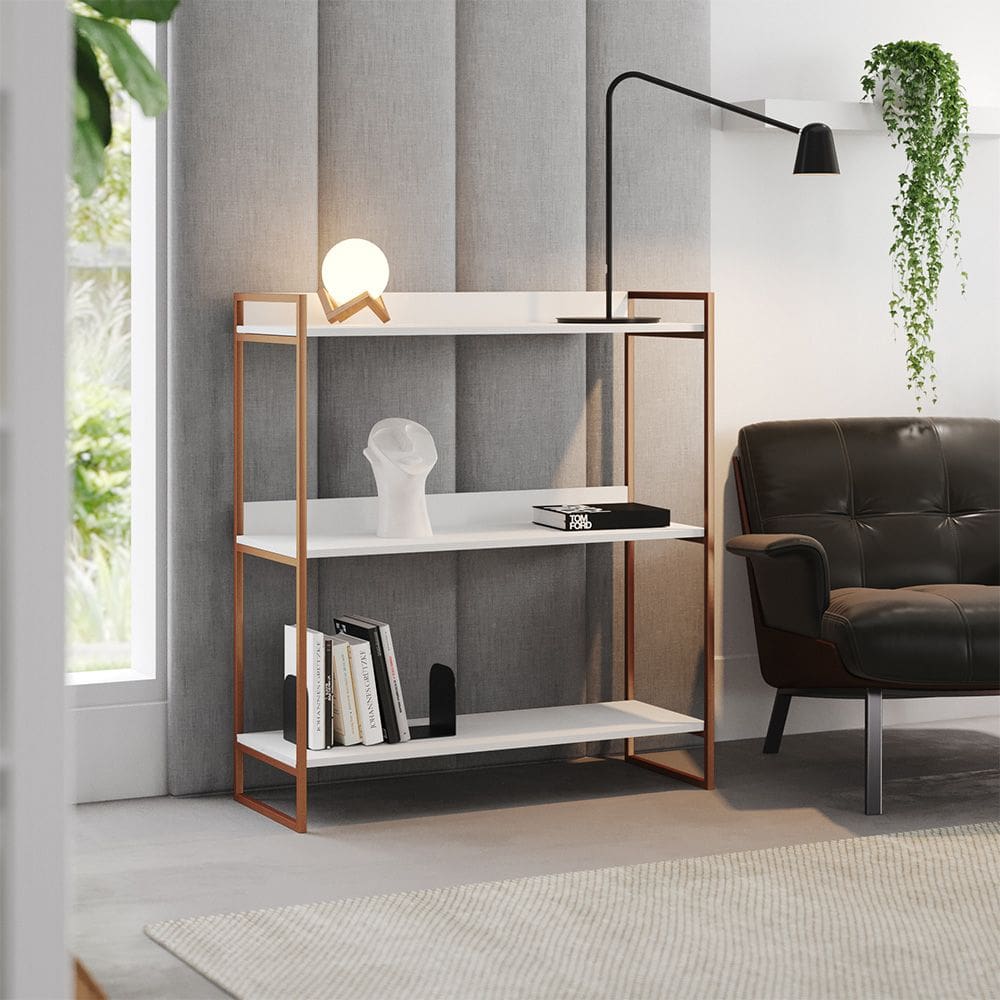 Aparador Console Industrial Córdoba 95cm 3 Prateleiras para Hall Entrada Corredor - Cobre/branco