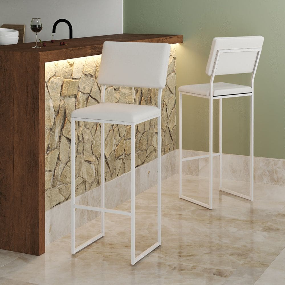 Banqueta Alta com Encosto Nina Industrial para Bar Cozinha Bancada Assento em Corino- Branco/branco