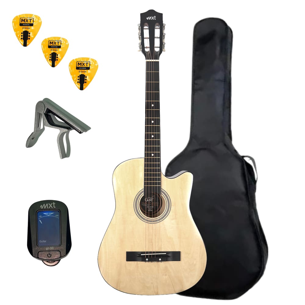 Kit Violão Acústico Mxt 38A NTC Aço Cutway C/Capa + Afinador Capotraste e Palheta
