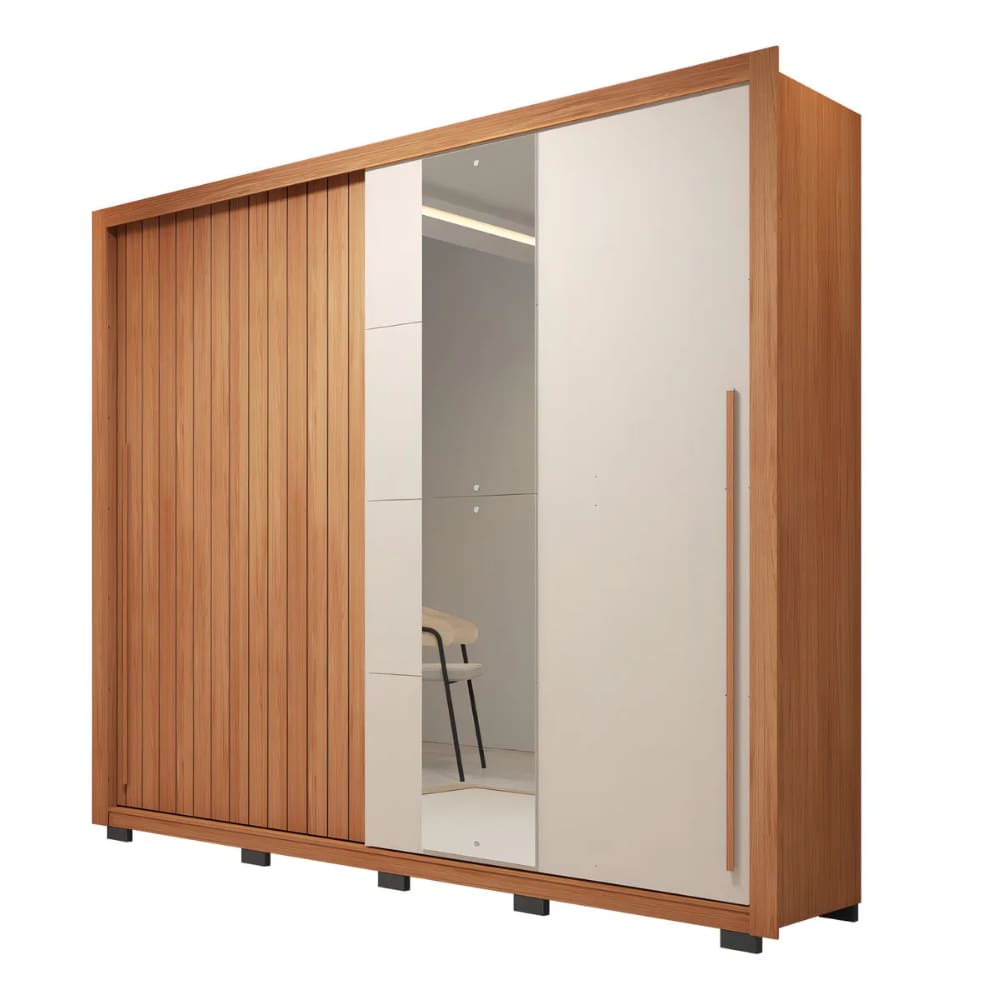 Guarda Roupas Casal Com Ripado e Espelho 2 Portas 4 Gavetas Madeirado/Off White Eloa Caemmun