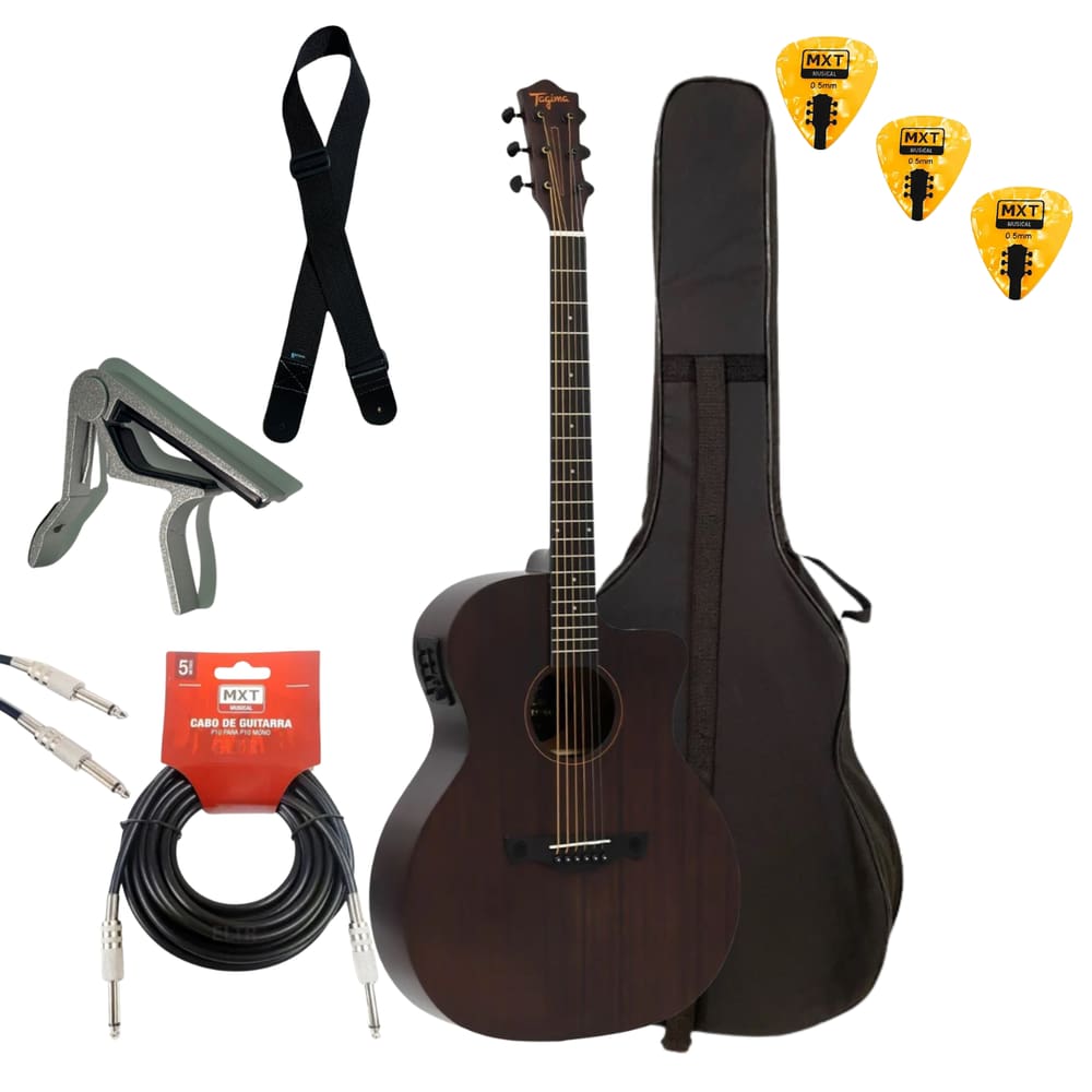 Kit Violão Eletroacústico Tagima Dallas Mahogany GRAN RESERVA Com Capa + Correia Cabo P10/P10 Capotraste