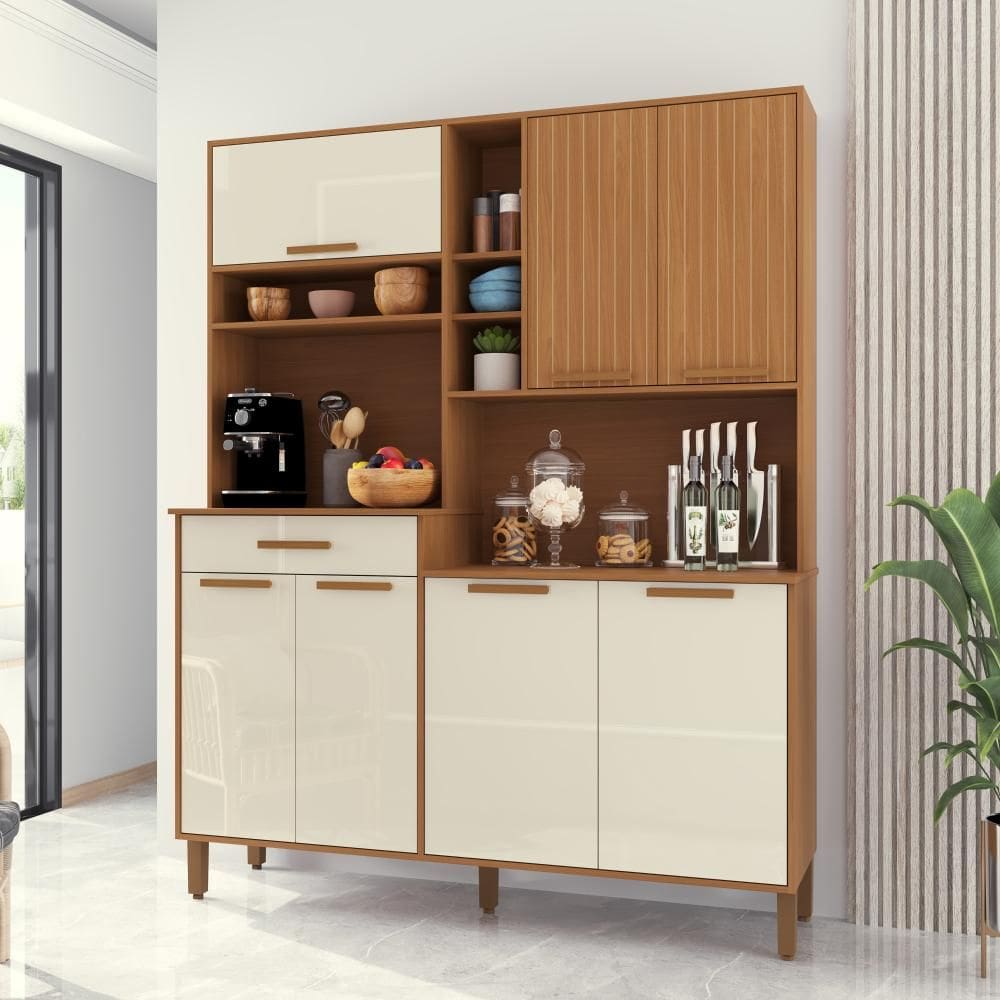 Armário De Cozinha Compacta Fidelitá Amsterdã 160cm 7 Portas 1 Gaveta Com Tampo e Fundo Freijó/Off-White