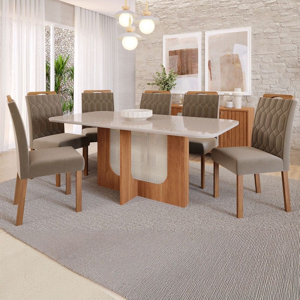 Mesa de Jantar 6 Lugares Louise Paola com Vidro Cinamomo/Off White/Joli - Cimol