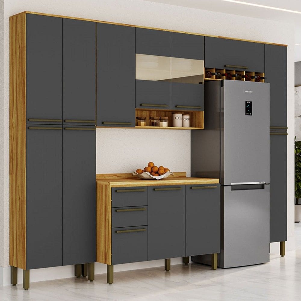 Armário de Cozinha Modulada com Balcão e Tampo 13 Portas 2 Gavetas Xangai Slim 100% Mdf com Vidro Reflecta Amêndoa/Cinza - Pnr Móveis