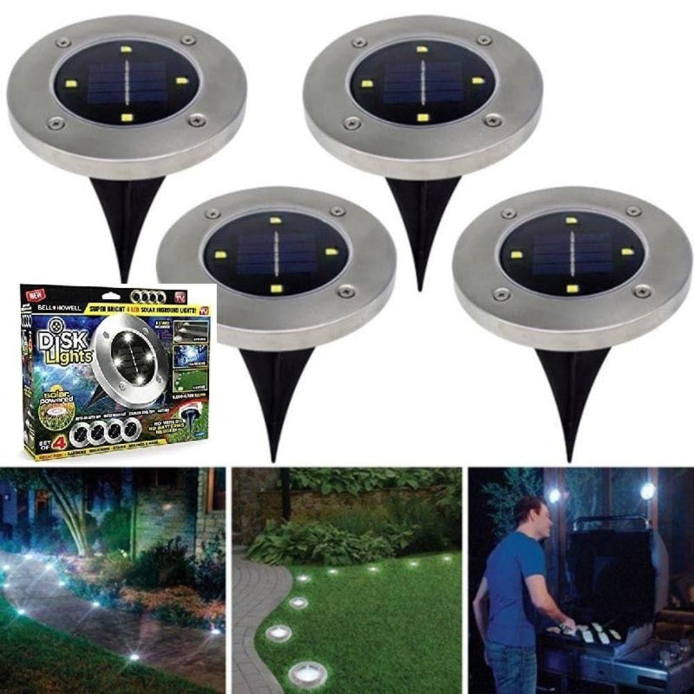Kit 4 Luminaria Solar 8 Leds Espeto Refletor Inox Para Jardim Escada Chao Iluminacao Decorativa