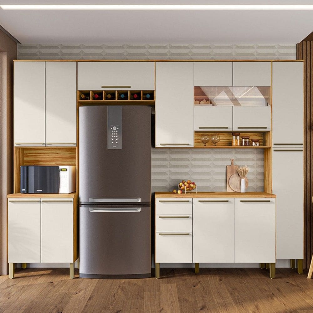 Armário de Cozinha Modulada com Balcão e Tampo 13 Portas 2 Gavetas Xangai Plus 100% Mdf com Vidro Reflecta Amêndoa/Off White - Pnr Móveis