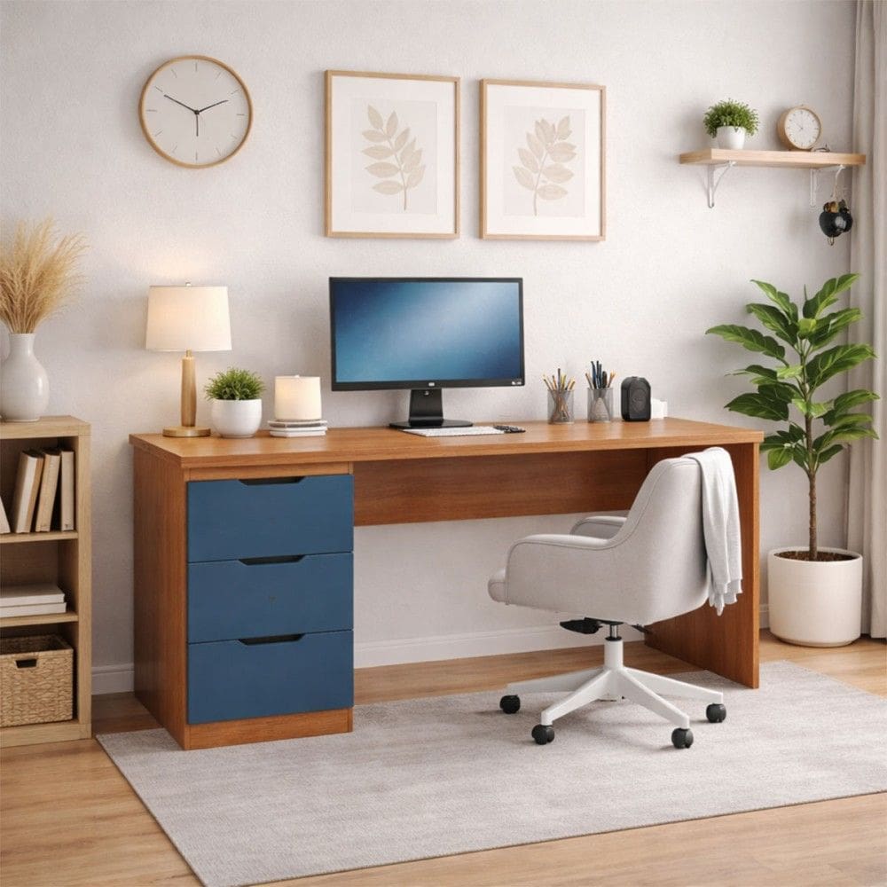 Mesa para Escritório Madri 3 Gavetas Azul/Freijó - Politorno