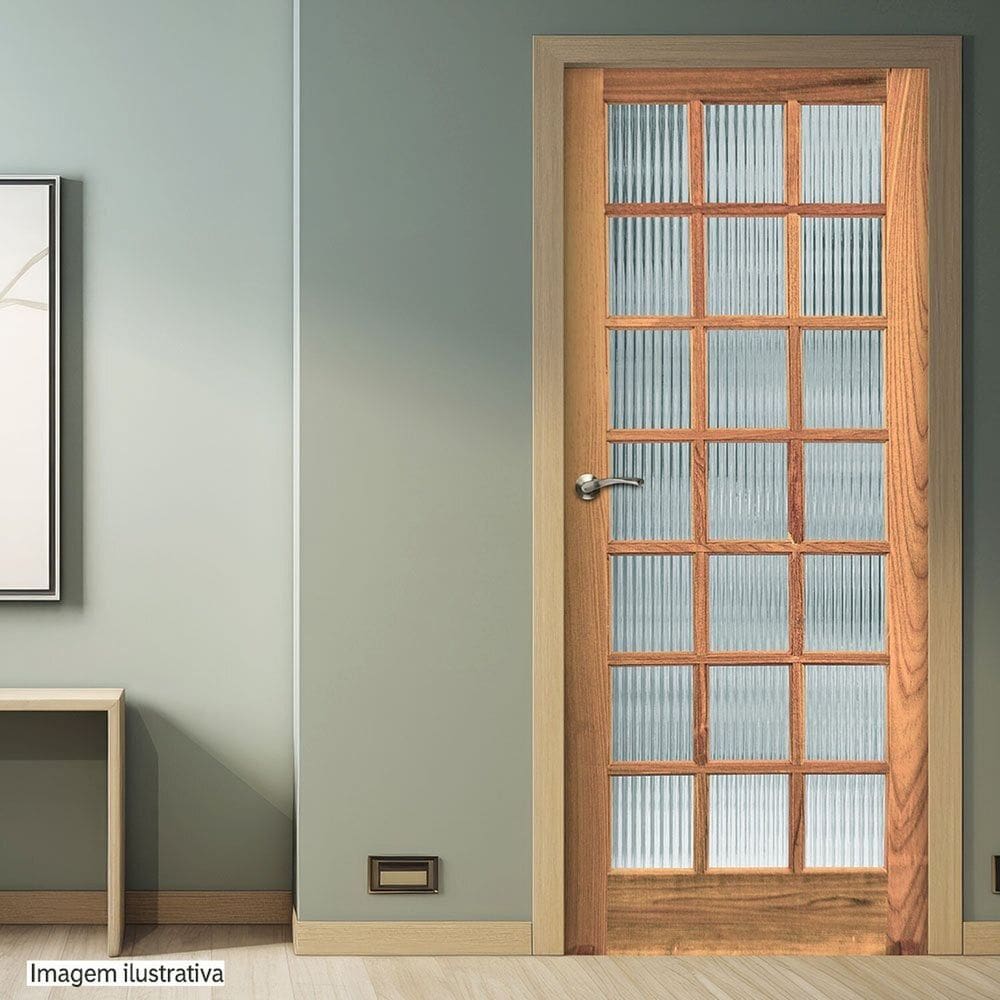 Folha de Porta Madeira Maciça Angelim 210cm X 60cm Vidro Quadriculado Jomadi Natural