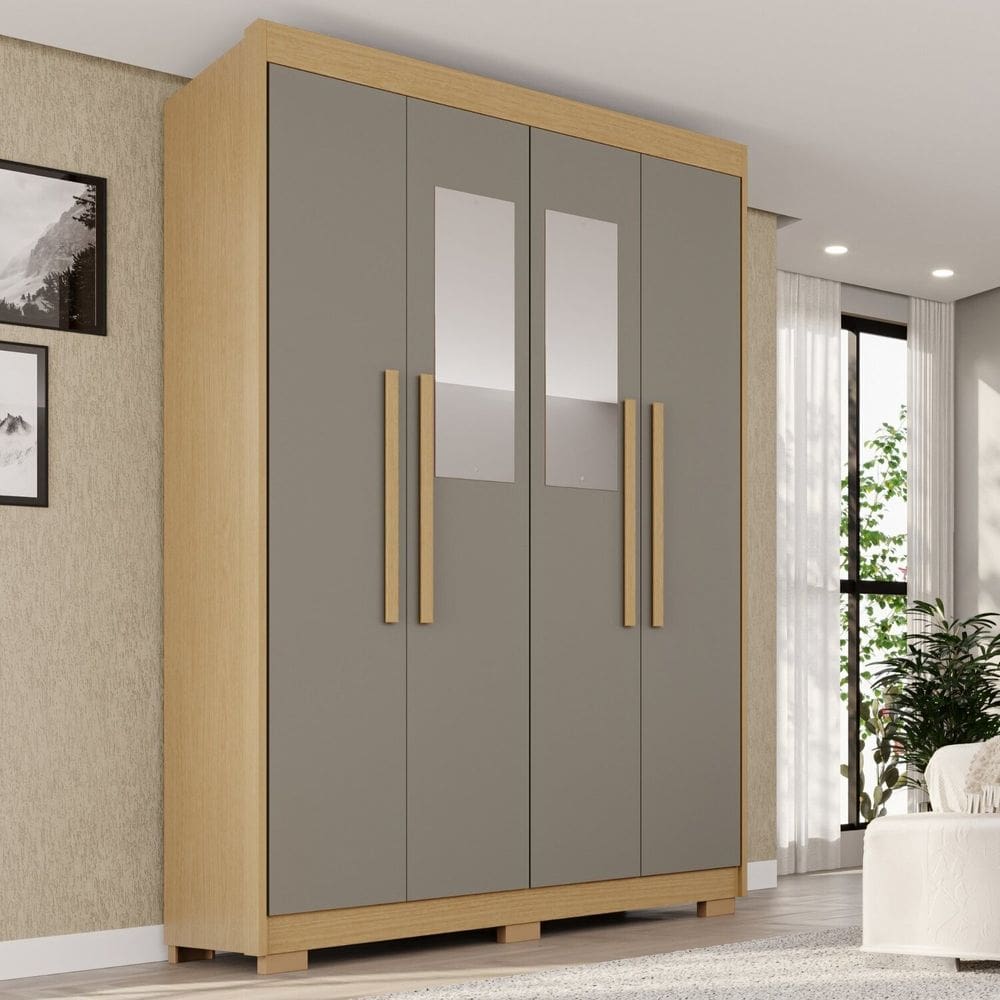 Guarda-roupa com Pés e Espelho 4 Portas 3 Gavetas 100% Mdf Veneza Jequitibá/Granizo