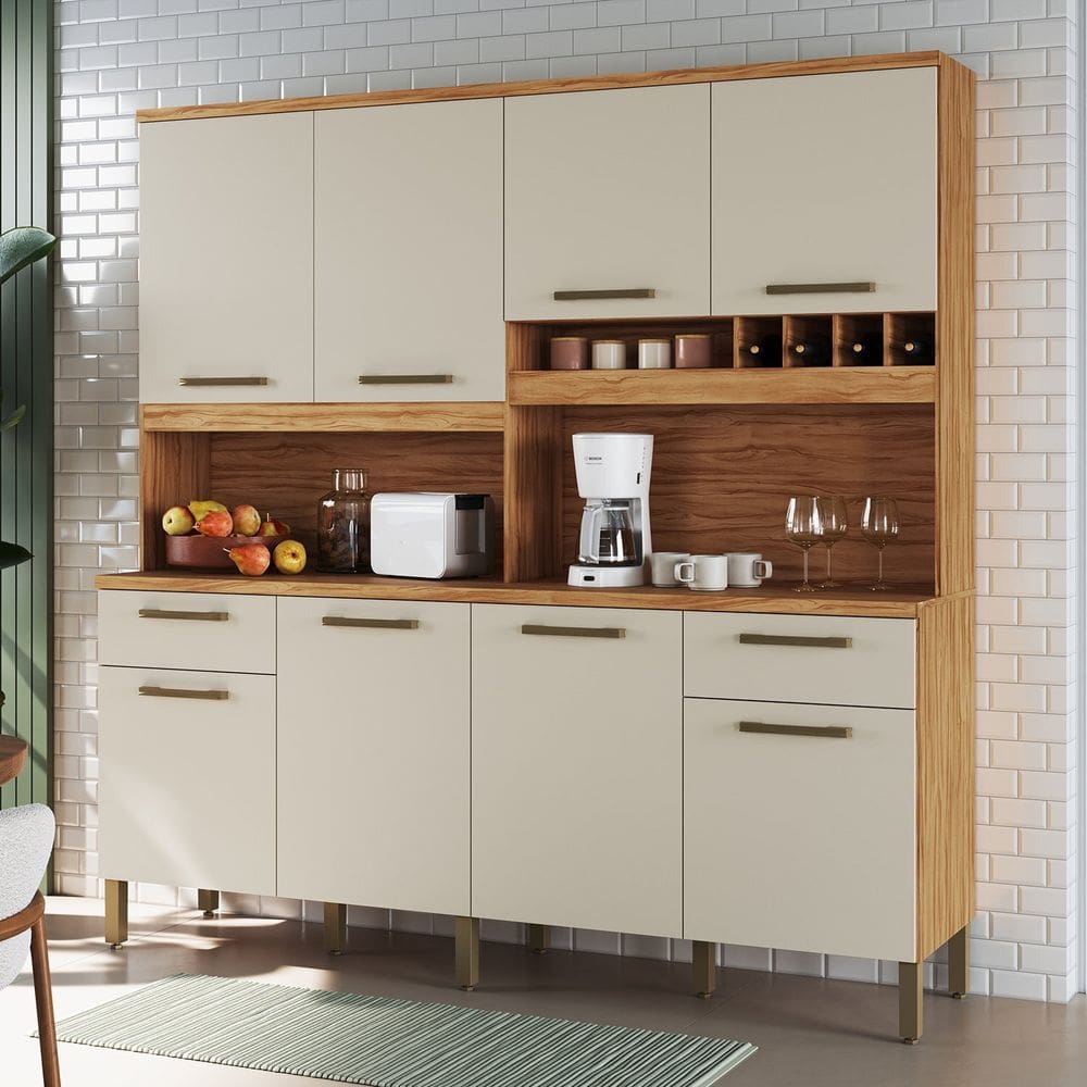Cozinha Compacta com 8 Portas e 2 Gavetas 200cm 100% Mdf Bruxelas Espresso Móveis Amêndoa/Off White