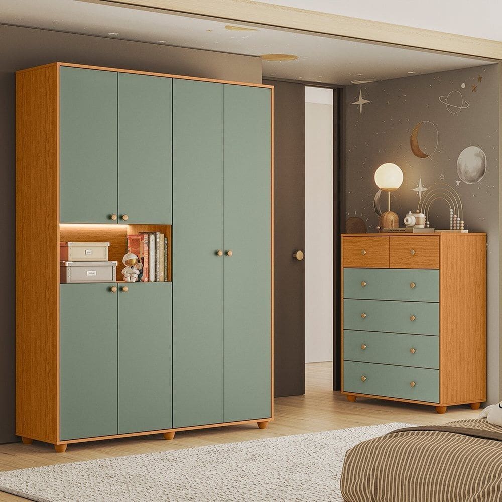 Conjunto Infantil Guarda-Roupa e Cômoda Vittoria Cinamomo / Sálvia