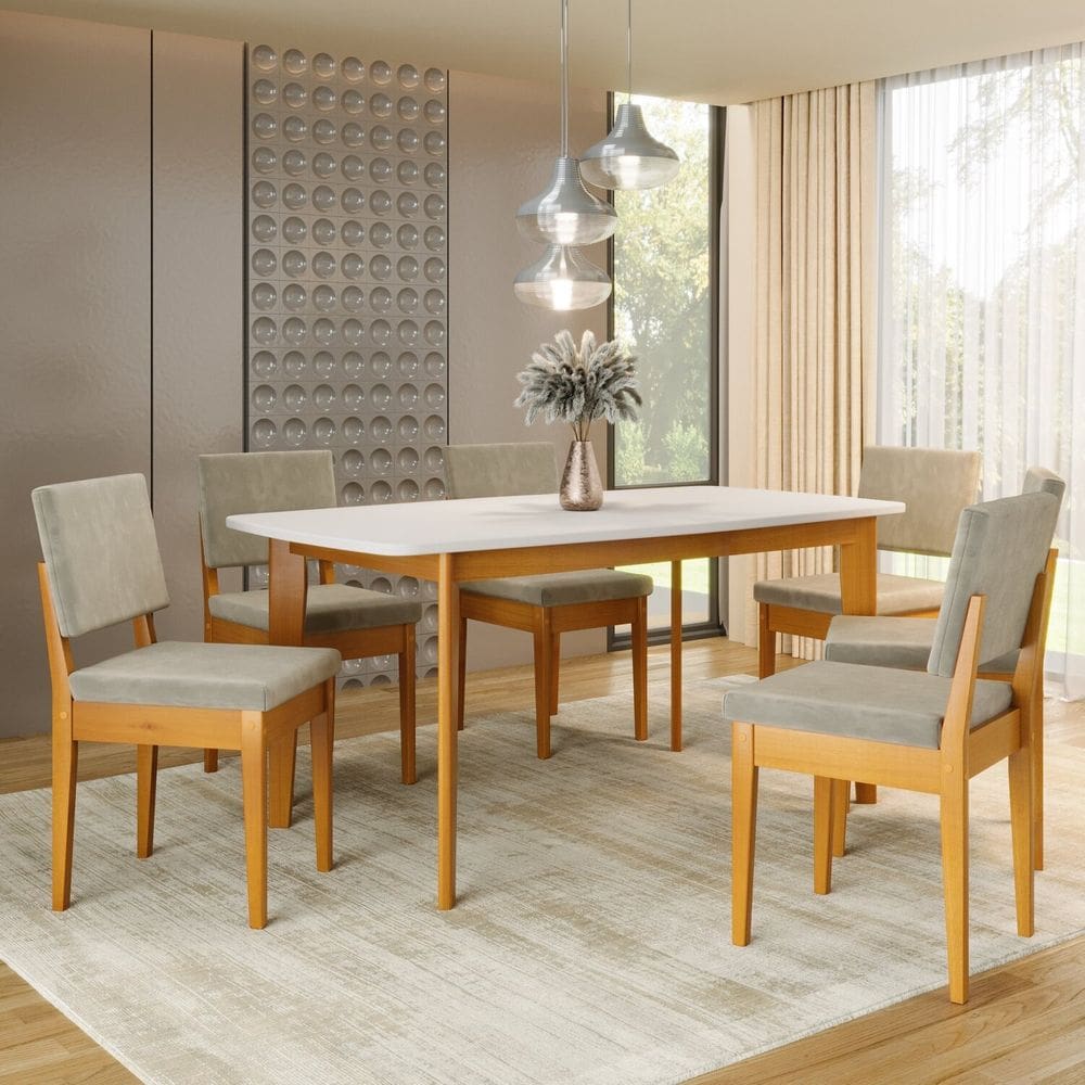 Conjunto Sala de Jantar Siera 6 Lugares Retangular Madeira Maciça Miami Cerejeira/Bege Claro
